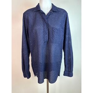 Gap Top Small Tall Navy Blue Solid Eyelet Embroidered Tunic Cotton Long Sleeve